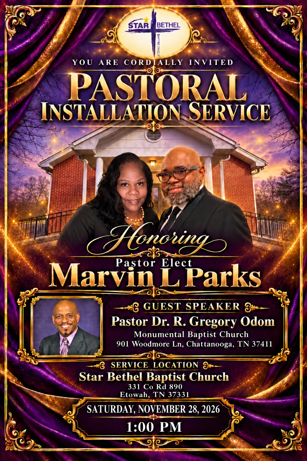 Pastoral Installation Service flyer honoring Pastor Elect Marvin L. Parks, guest speaker Pastor Dr. R. Gregory Odom, Saturday November 28, 2026 at 1:00 PM, Star Bethel Baptist Church, 331 Co Rd 890, Etowah, TN